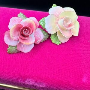 Pair of Floral Pink and Yellow Ceramic Brooches - Made in England - Bone China